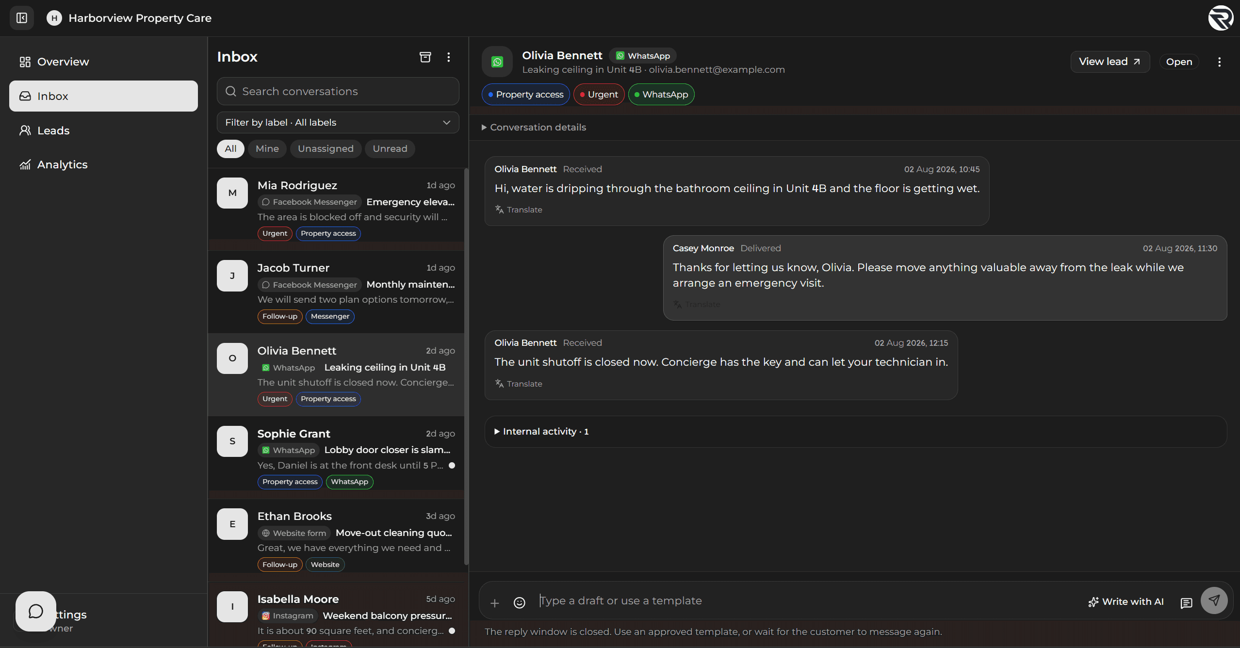Unified inbox showing source badges, labels, and a customer conversation