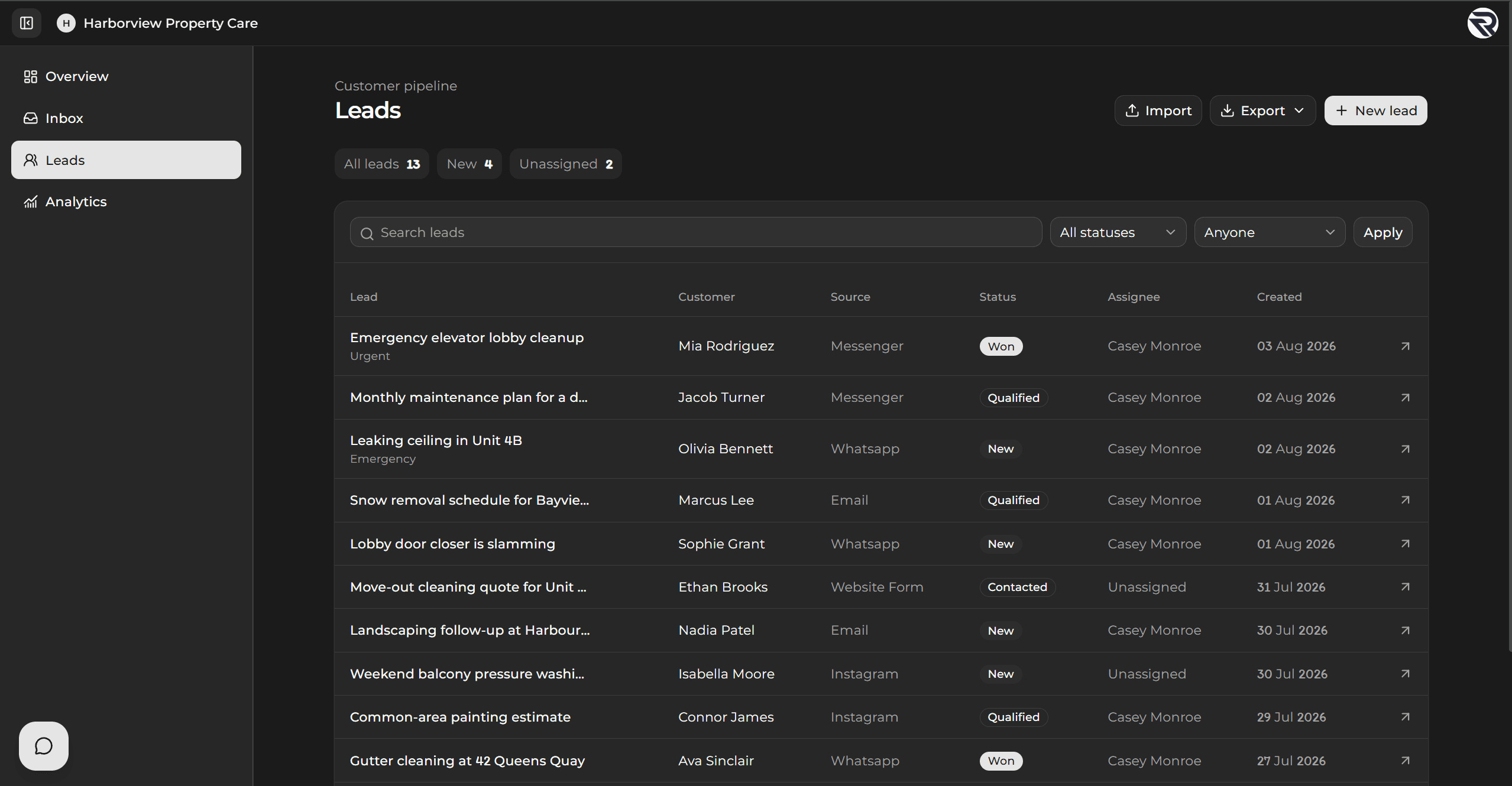 Lead management view showing customer, source, stage, owner, and date